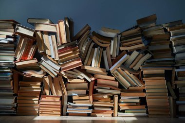 Tavan arasında yığılmış bir kitap duvarı.