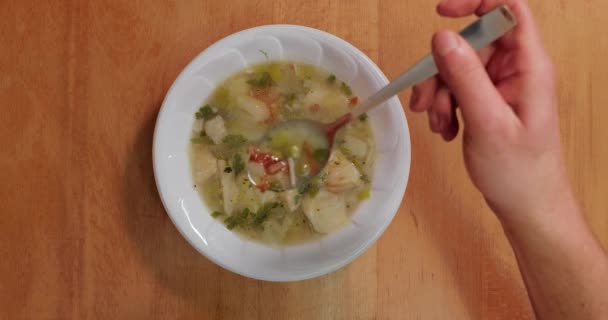 Manger de la soupe de légumes avec des ingrédients frais — Video