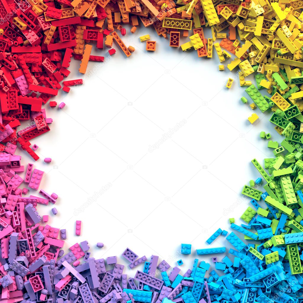 Circle frame of colorful toy bricks isolated on white background