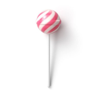 Striped fruit pink and white lollipop on stick on white background clipart
