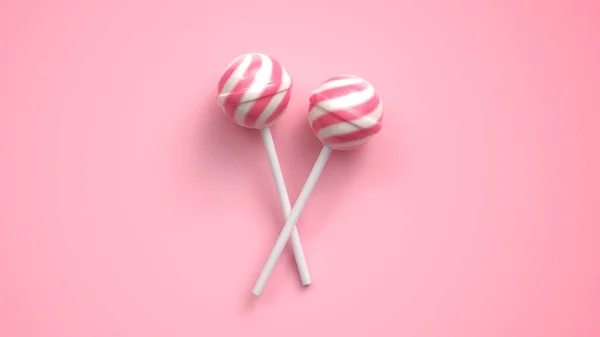 Twee zoete gestreepte roze en witte lolly 's op stok op felroze achtergrond — Stockfoto