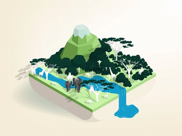 Ilustrație Vector Design Izometric Vieții Sălbatice Africa Savana Viață Sălbatică — Vector de stoc