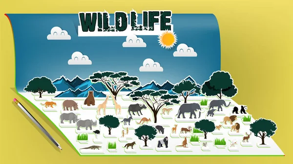 动物野生动物插画矢量设计概念弹出书 弹出书与非洲稀树草原动物风景 — 图库矢量图片