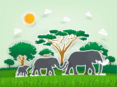 İllüstrasyon vektör tasarım konsepti hayvan yaban hayatı filler ailesinin kağıt kitap, Afrika savana fil aile sahnede kağıt el sanatları tasarım açılır