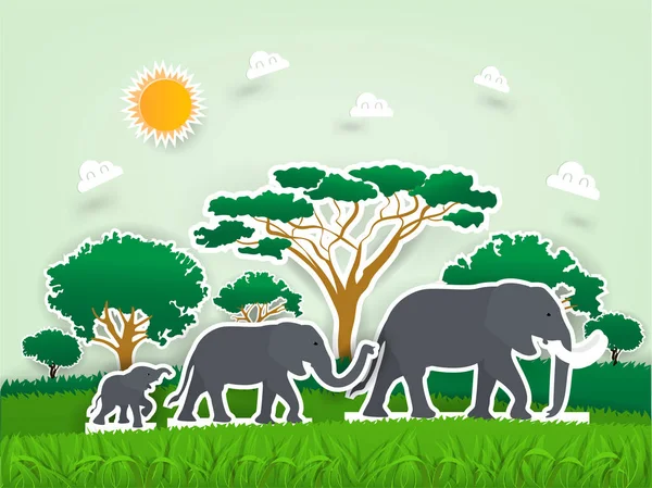 Illustration Vector Design Concept Animal Wildlife Elephants Family Pop Paper — Stock Vector