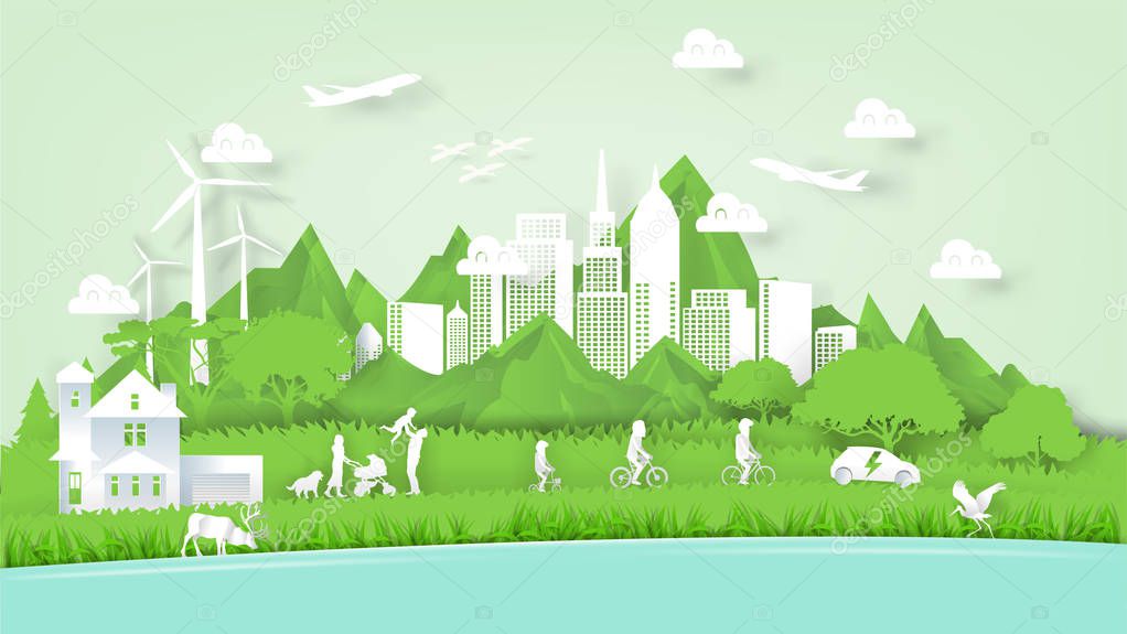 Illustration vector of modern eco world environment and happiness family people, graphic design of ecology modern world in paper art style