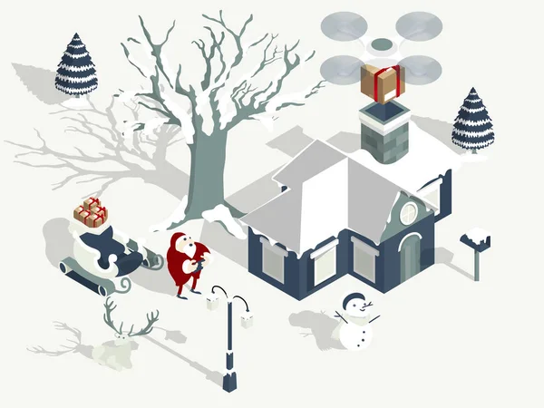 圣诞老人的例证载体用无人机送礼物盒到孩子的房子 圣诞老人无人机交付的设计概念 — 图库矢量图片