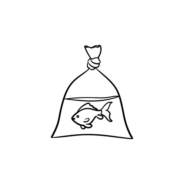 Ryba w plastikowej torbie ręką narysowane doodle ikonę kontur. — Wektor stockowy