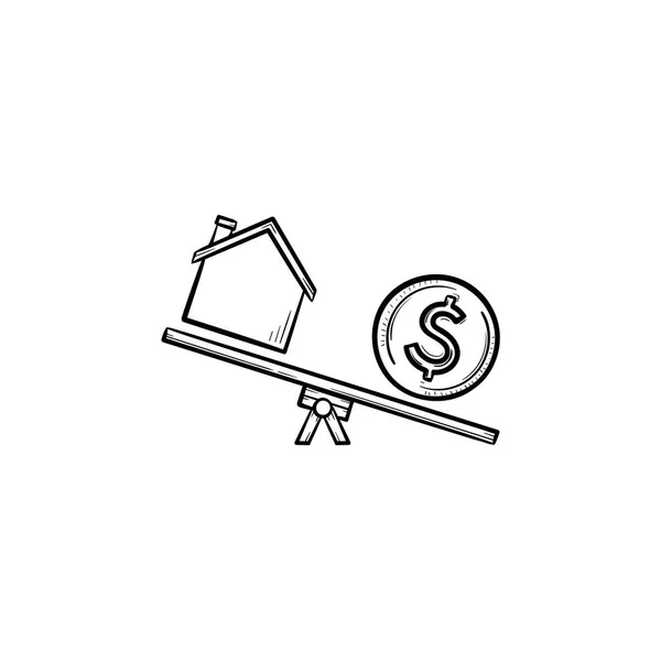 House and dollar on seesaw hand drawn outline doodle icon. — Stock Vector