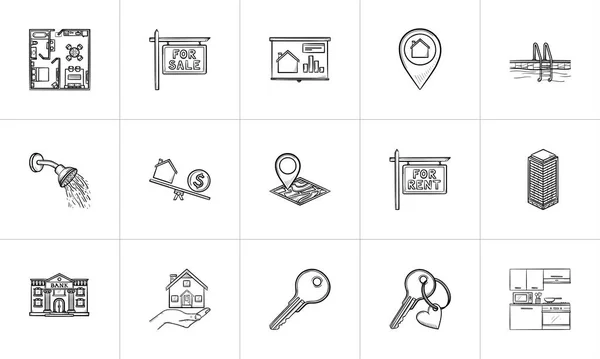 Immobilien handgezeichnete Umrisse Doodle-Symbol-Set. — Stockvektor