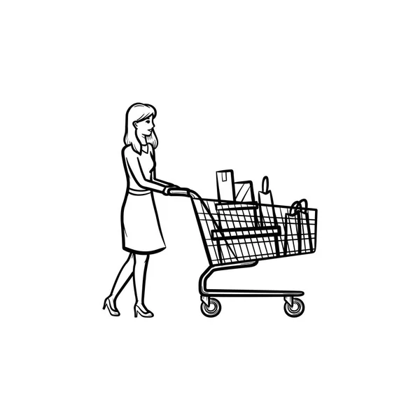 Mulher com carrinho de compras mão desenhada esboço doodle ícone . —  Vetores de Stock