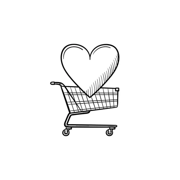 Shopping cart with heart hand drawn outline doodle icon. — Stock Vector