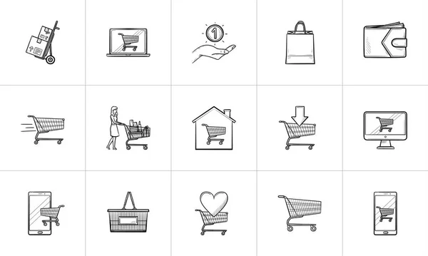 Compras en línea y comercio electrónico dibujado a mano esquema doodle icono conjunto . — Vector de stock