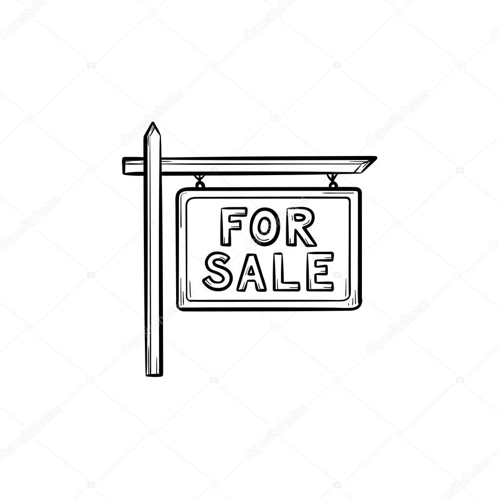 Basic for sale sign hand drawn outline doodle icon. Real estate, advertising, selling house, property concept. Vector sketch illustration for print, web, mobile and infographics on white background.