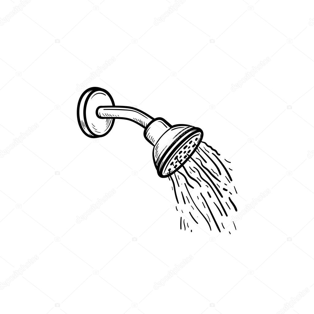 Shower head with water drops hand drawn outline doodle icon.