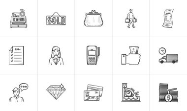 Alışveriş ve ödeme elle çizilmiş anahat doodle Icon set.