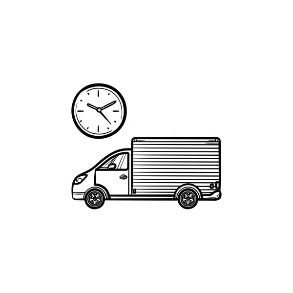 Доставка вантажівка з годинниковою рукою намальована контурна піктограма каракулі . — стоковий вектор
