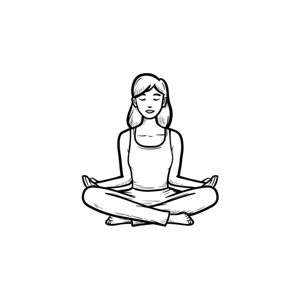 Vrouw in yoga lotus pose hand getrokken schets doodle pictogram. — Stockvector