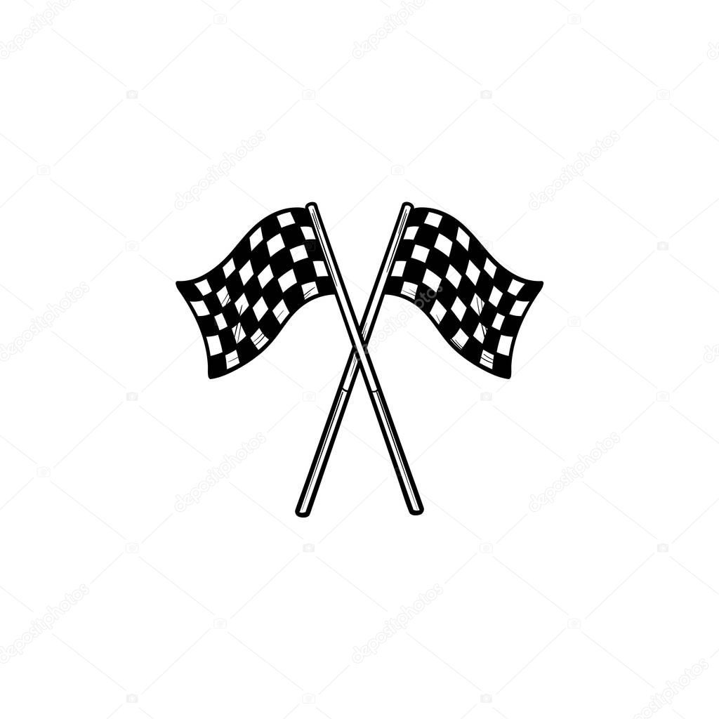 Crossed black and white checkered flags hand drawn outline doodle icon.