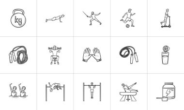 Spor ve egzersiz çizilmiş anahat doodle Icon set el.