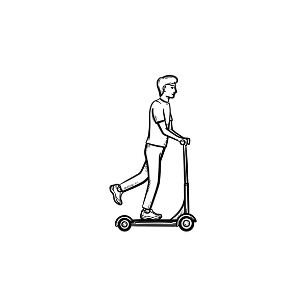 Uomo sul calcio scooter disegnato a mano contorno icona scarabocchio . — Vettoriale Stock
