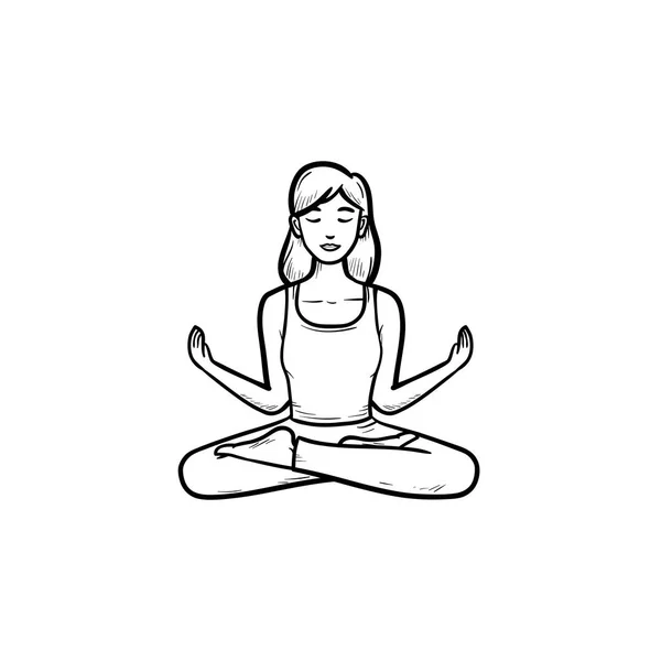 Woman in yoga lotus pose hand drawn outline doodle icon. — Stock Vector