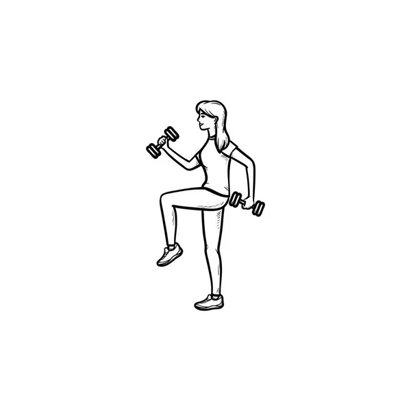 Femme avec haltères dessiné à la main contour icône doodle . — Image vectorielle