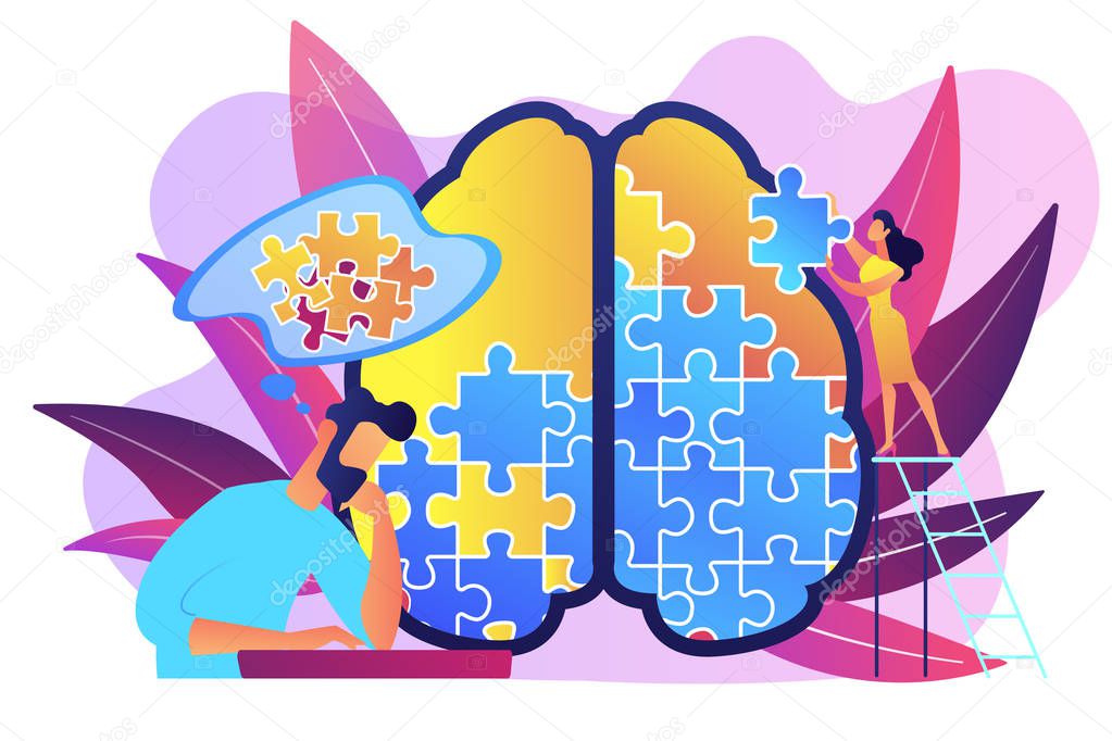Man doing human brain puzzle. Psychology and psychotherapy session, mental healing and wellbeing, therapist counselling mental illness and difficulties violet palette. Vector isolated illustration.
