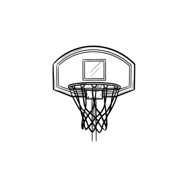 Basketbol çember ve net el çizilmiş anahat doodle simgesi.