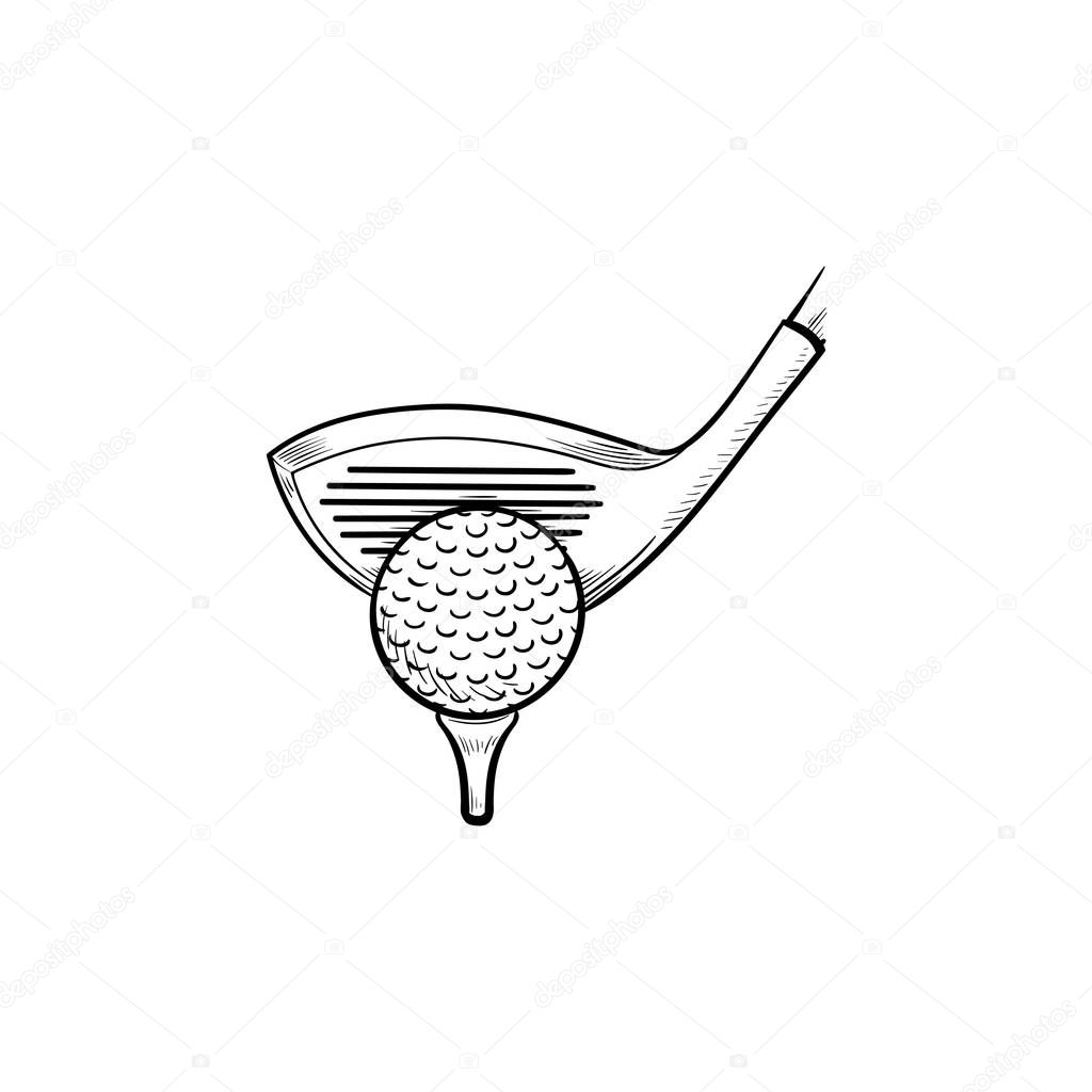 Golf club and ball on tee hand drawn outline doodle icon.