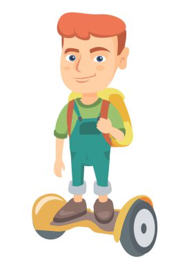 Beyaz okul çocuğu okula gyroboard üzerinde sürme.
