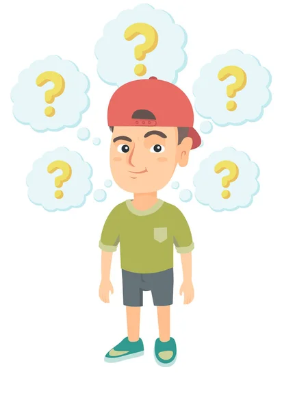 Thinking caucasian boy with question marks. — Stock Vector