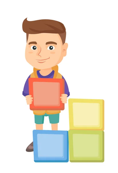 Little caucasian boy playing with clourful cubes. — Stock Vector