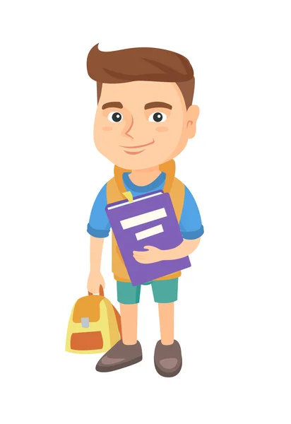 Caucasian pupil with backpack and textbook. — Stock Vector