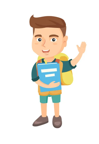 Schoolboy holding a book and waving his hand. — Stock Vector