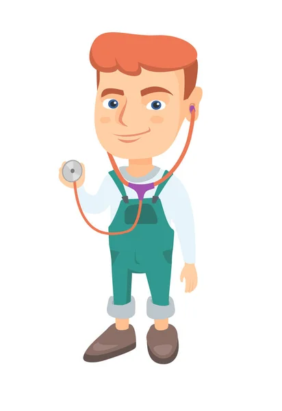 Caucasian boy in doctor coat holding a stethoscope — Stock Vector
