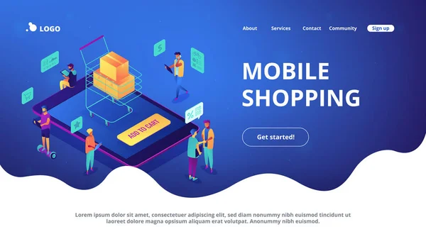 Isometrische mobiel winkelen online bestemmingspagina. — Stockvector