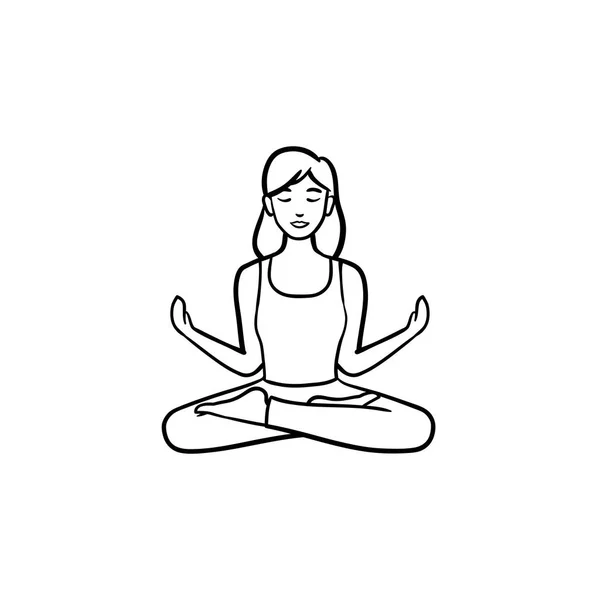 Donna in loto yoga posa disegnato a mano contorno icona scarabocchio . — Vettoriale Stock