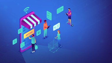 İzometrik online alışveriş ve Wi-Fi illüstrasyon.
