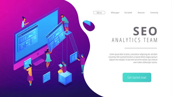 Isometric SEO analytics team landing page. — Stock Vector