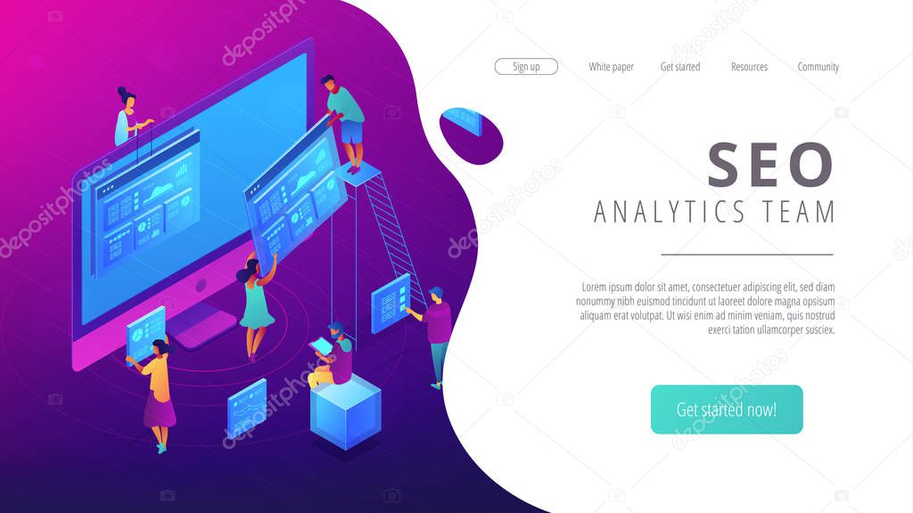 Isometric SEO analytics team landing page.