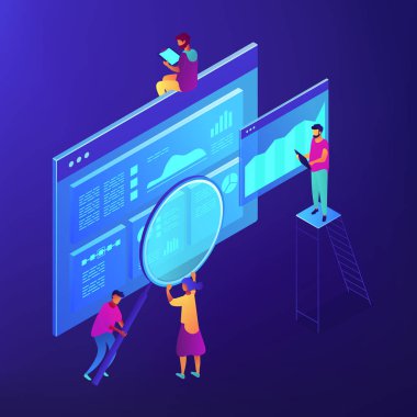 İzometrik Seo pazarlama ve analytics illüstrasyon.