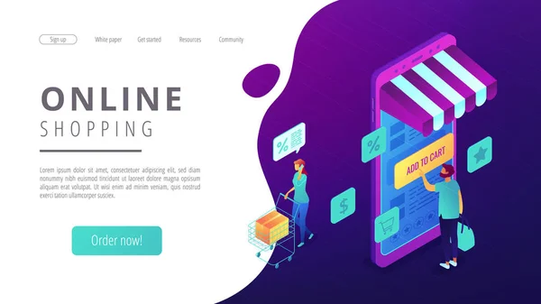Isometric online shopping and buying landing page. — Stock Vector