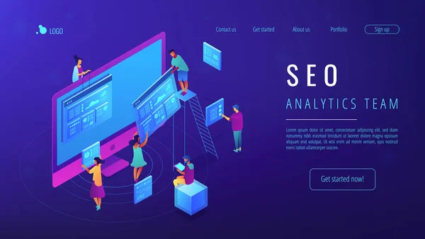 Isometric SEO analytics team landing page. — Stock Vector