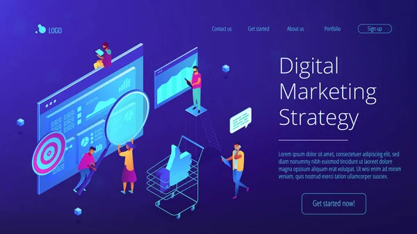 Page d'accueil de la stratégie de marketing numérique isométrique . — Image vectorielle