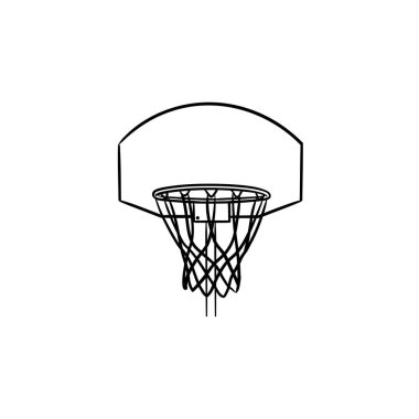 Basketbol çember ve net el çizilmiş anahat doodle simgesi.