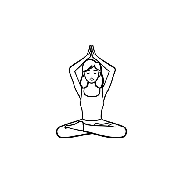 Mädchen in Lotus-Pose mit den Händen nach oben gezogenen Umrissen Doodle-Symbol. — Stockvektor