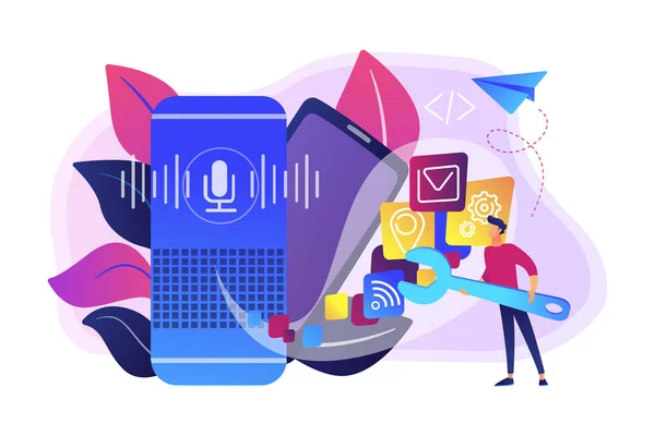 Smart speaker apps entwicklung konzept vektor illustration. — Stockvektor