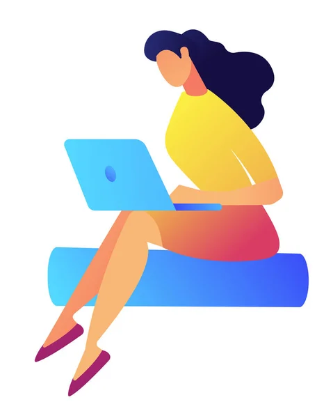 Όμορφη γυναίκα σχεδιαστής με σκούρα μαλλιά, εργάζεται για laptop εικονογράφηση διάνυσμα. — Διανυσματικό Αρχείο