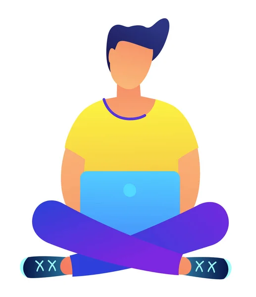 Dark haired programmer with laptop in lotus pose vector illustration. — Stock Vector